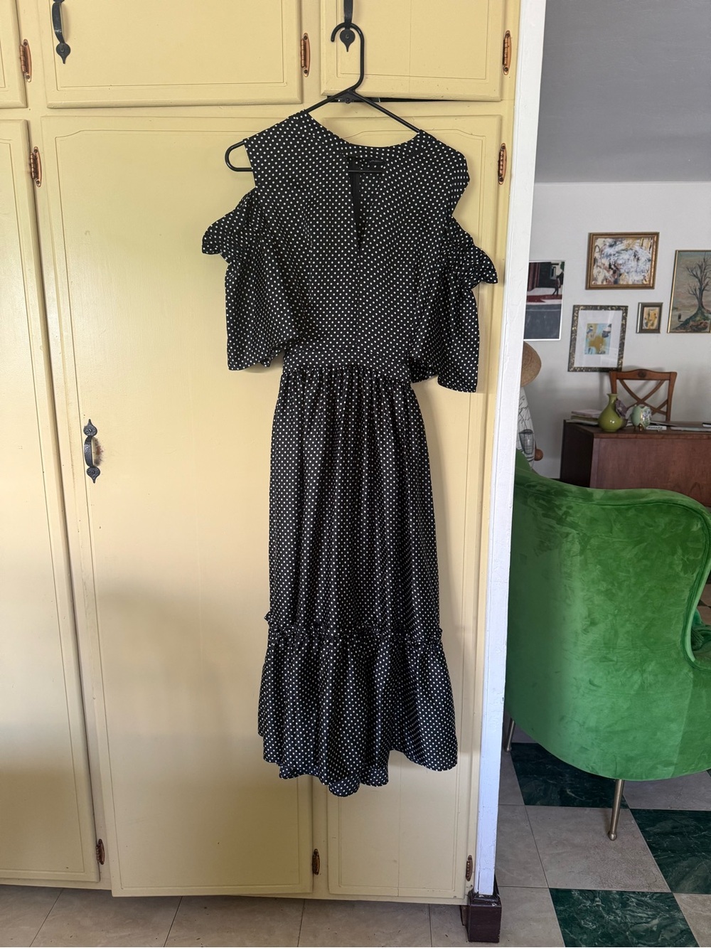 Black Polka Dot Cold-Shoulder Midi Dress